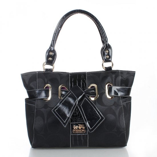 Coach Poppy Bowknot Signature Medium Black Totes FDD Coach Poppy Bowknot Signature Medium Black Totes FDD